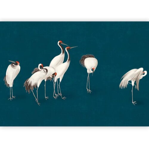  Foto tapeta - Evening by the pond - a group of cranes drawn in dry pastel on a dark turquoise background 400x280 Vodootporna Slike