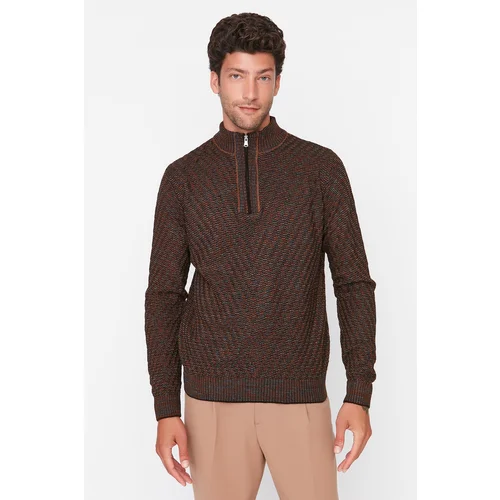 Trendyol Brown Men's Slim Fit Half Turtleneck Zippered Knitwear Sweater