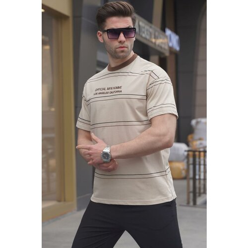 Madmext Crew Neck Beige Striped Comfort Fit Men's T-Shirt 6063 Slike