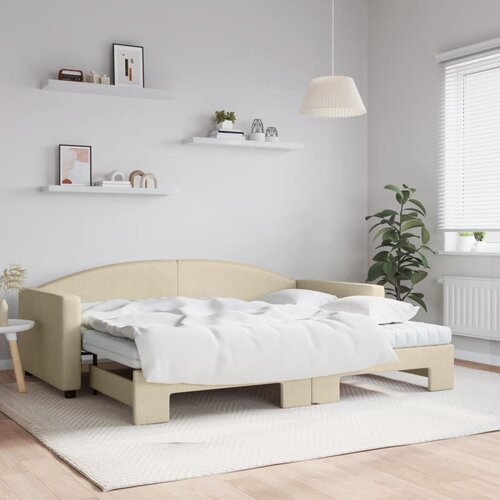 VidaXL Izvlečna dnevna postelja z vzmetnico krem 90x200 cm blago Slike