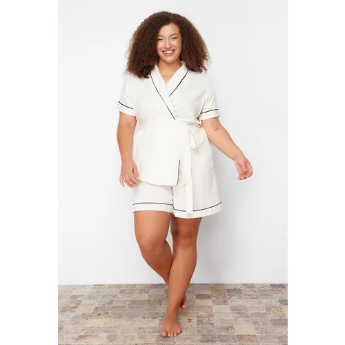 Trendyol Curve Beige Woven Pajama Set with Binding and Piping Detail