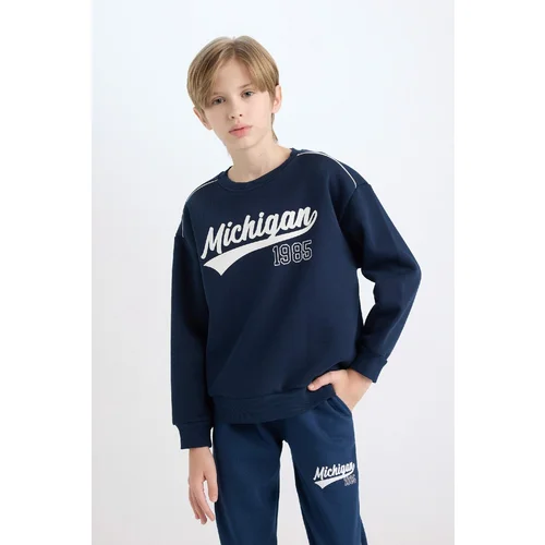 Defacto Navy Blue Boy Oversize Fit Wide Mold Crew Neck Printed Thick Sweatshirt