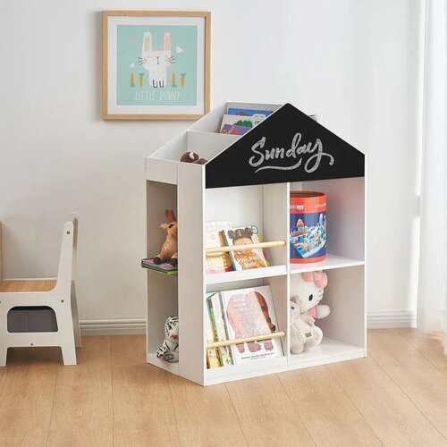 Kinder Home Dječja polica za igračke i knjige kuća s policama i daskom za crtanje, Montessori, bijela, 72.5x40x95.8 cm Cijene