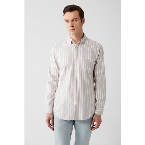 Avva Men's Beige 100% Cotton Oxford Buttoned Collar Striped Standard Fit Regular Cut Shirt Cene