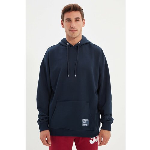 Trendyol Navy Men's Hoodie Oversize Slogan Label Sweatshirt Slike