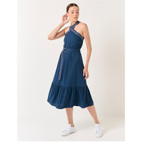 Jimmy Key navy blue cross collar belted midi dress Cene