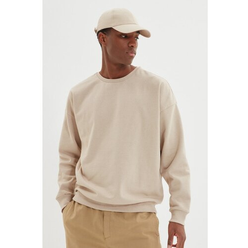 Trendyol beige men's oversize long sleeve crew neck printed sweatshirt Slike