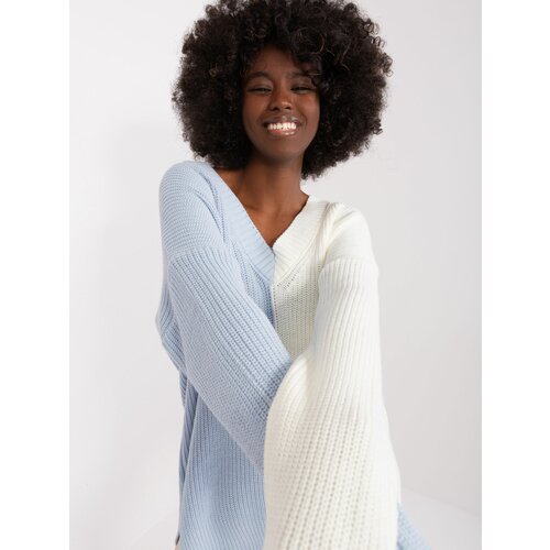 Fashion Hunters Ecru-Blue Women's Oversize Neckline Sweater Slike