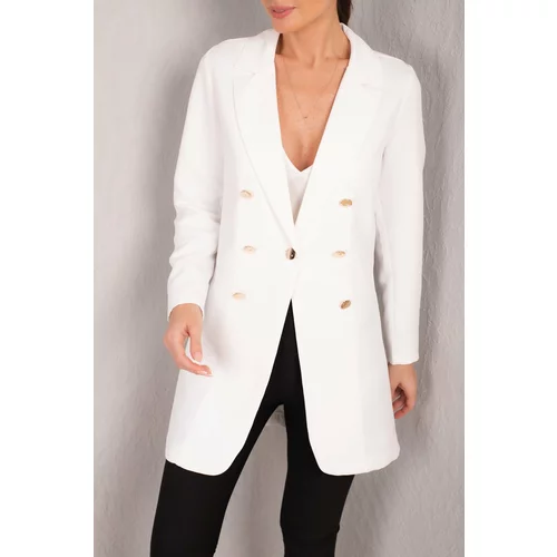 armonika Women's White Buttoned Long Jacket