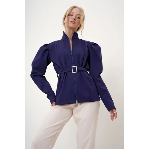 Trend Alaçatı Stili Women's Navy Blue Princess Sleeve Zipper and Belted Diving Fabric Jacket