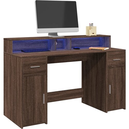 vidaXL Radni stol s LED svjetlima smeđa boja hrasta 140x55x91cm drveni Cijene