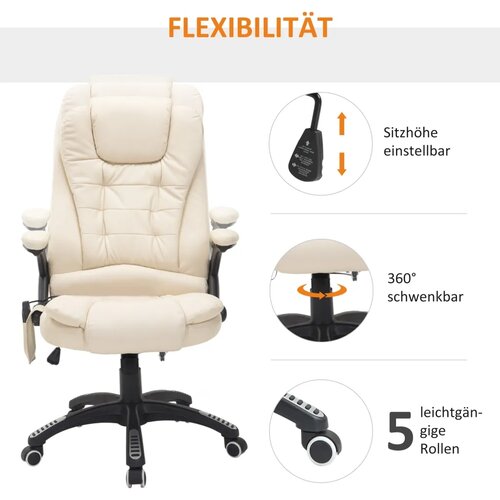  Uredska stolica s funkcijom masaže i grijanja podesiva visina i nagib krem bijela + crna Slike