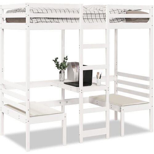 VidaXL Dvignjeni posteljni okvir z mizo in stoli bel 75x190cm borovina Slike