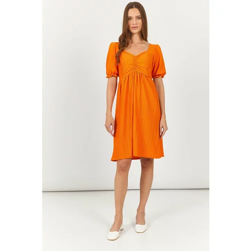 armonika Women's Orange Front Gathered Elastic Sleeve Length Dress