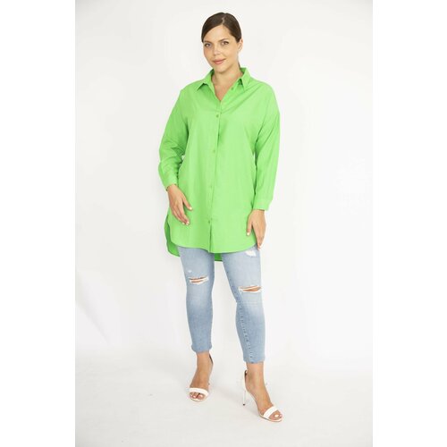 Şans Women's Plus Size Green Front Buttoned Long Sleeve Shirt Slike