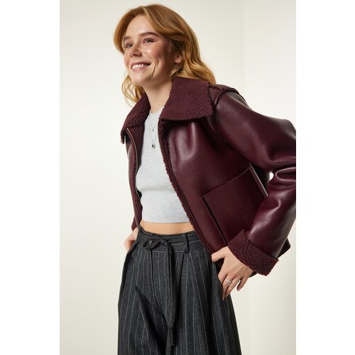 Happiness İstanbul Women's Damson Fur Collar Wide Pocket Faux Leather Jacket Slike