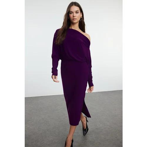 Trendyol Purple Straight Asymmetrical One Sleeve Fitted Flexible Midi Knitted Dress