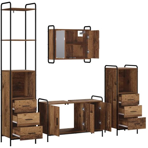 Set ormarića za kupaonicu 4 kom. Staro drvo 40 x 36 x 200 5 cm - Staro drvo Ormar ispod sudopera (3 vrata) + viseći ormar + kupa Slike