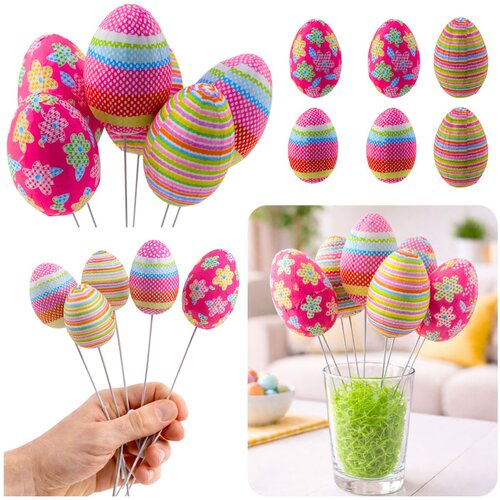  Easter Eggs on Wire Pick Dots Flowers Stripes Decoration Colorful 6pcs Slike