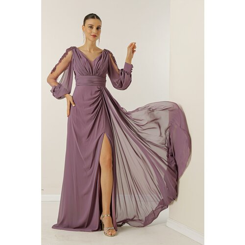 By Saygı V-Neck Long Evening Chiffon Dress with Draping and Lined Sleeves. Slike