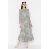 Trendyol Light Khaki Plaid Pattern Waist and Cuff Elastic Detailed Woven Dress  cene