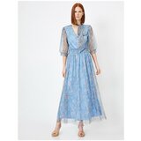 Koton Women's Blue Floral Pattern Tulle Waist Pleated Watermelon Short Sleeve V-Neck Long Dress  cene