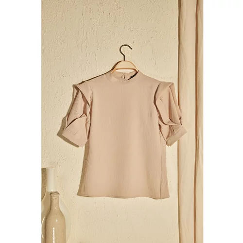 Trendyol Camel Sleeve Detailed Stand Up Collar Blouse