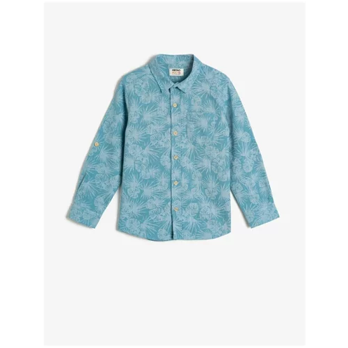 Koton Boy Blue Leaf Patterned Cotton Fabric Long and Foldable Sleeve Classic Collar Shirt