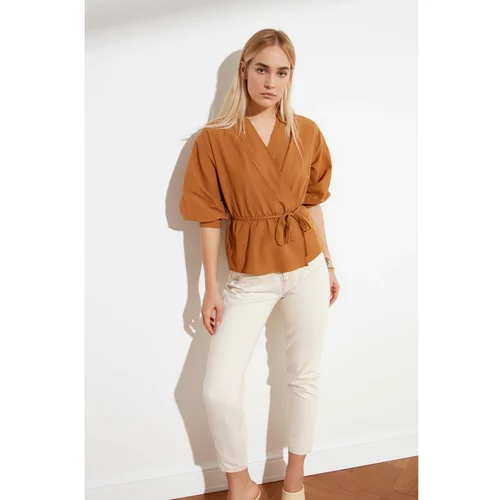 Trendyol Camel Double Breasted Tie Detailed Blouse