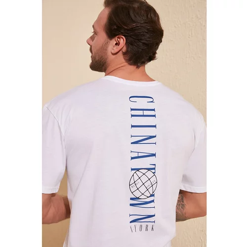Trendyol White Men's Oversize Fit 100% Cotton Crew Neck Short Sleeve Printed T-Shirt