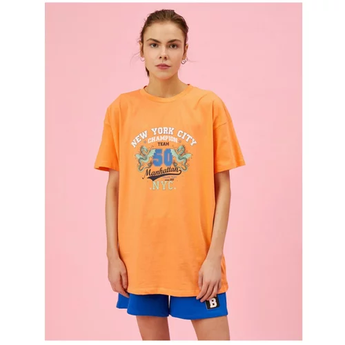 Koton Women's Orange Printed Crew Neck T-Shirt