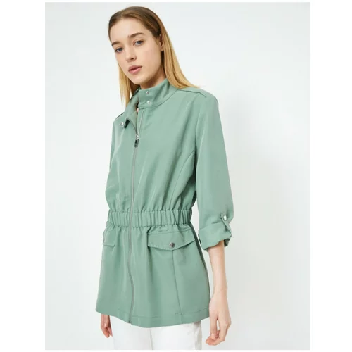 Koton Women's Pleated Waist High Collar Green Trench Coat