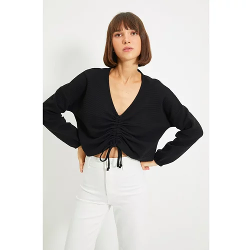 Trendyol Black Pleated Knitted Blouse