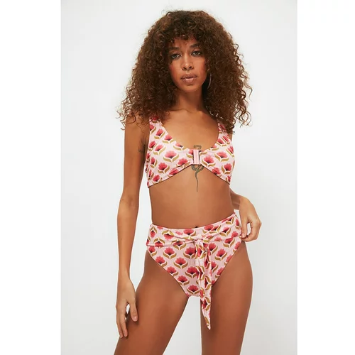 Trendyol High Waisted Bikini Bottom with Pink Lacing Detailed Tulip Pattern
