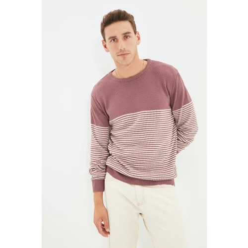 Trendyol Dried Rose Men's Slim Fit Crew Neck Striped Sweater