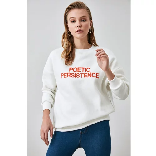 Trendyol Ecru Printed Basic Knitted Slim Sweatshirt