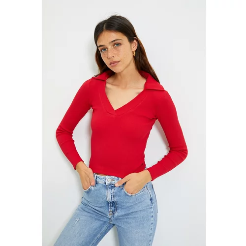 Trendyol Red Polo Neck Crop Knitted Blouse