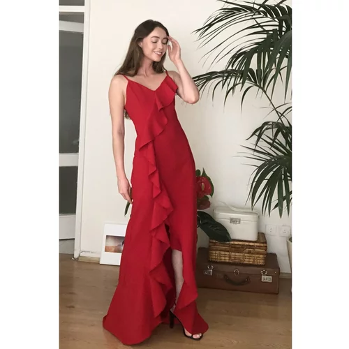 Trendyol Red Ruffle Detailed Evening Dress & Graduation Dress
