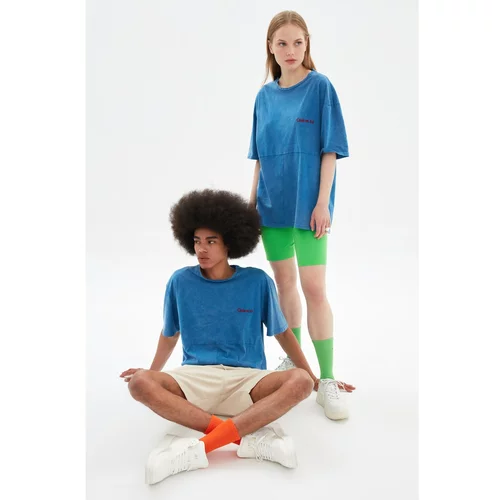 Trendyol Indigo Unisex Oversize Fit Acid Wash Embroidered 100% Cotton T-Shirt