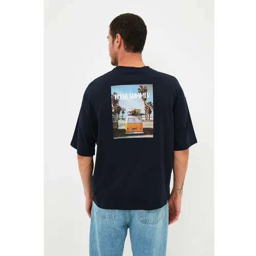 Trendyol Navy Blue Men's Short Sleeve Printed Oversize Fit 100% Cotton TShirt
