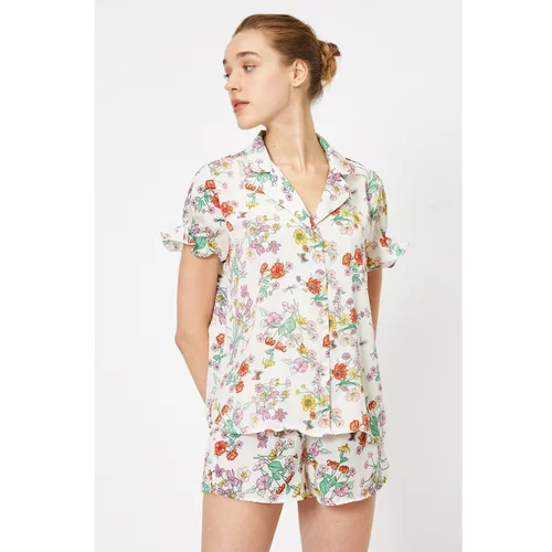 Koton Women's Ecru Floral Pattern Ruffle Detailed Short Sleeve Pajama Top
