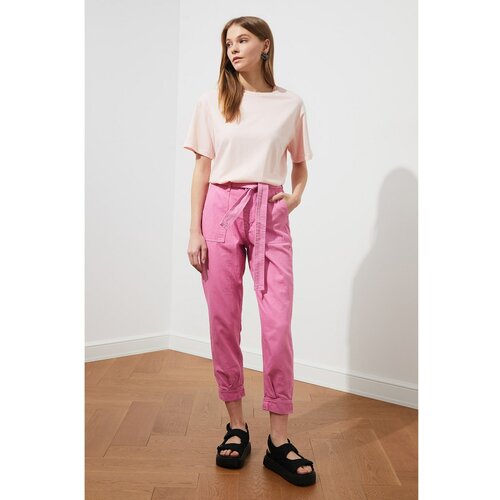 Trendyol High Waist Mom Jeans WITH Pink Belted Leg DetailING  Cene