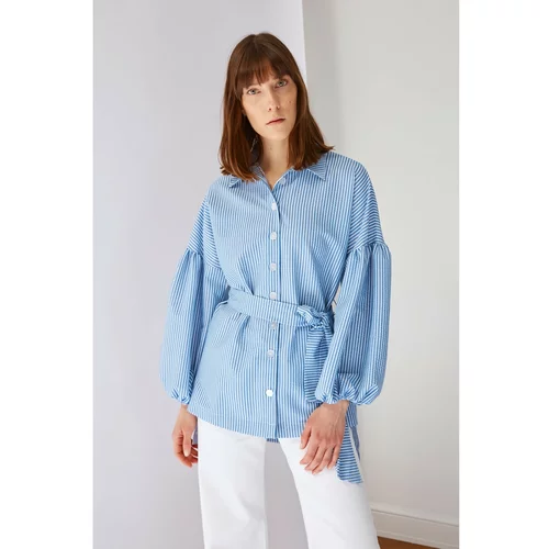 Trendyol Blue Striped Belted Balloon Sleeve Woven Shirt
