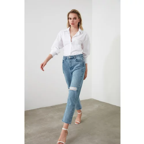 Trendyol Blue Ripped Detailed High Waist Straight Jeans