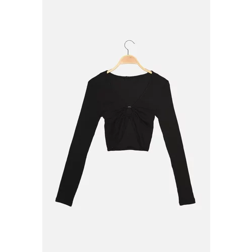 Trendyol Black Chest Detail Crop Corduroy Knitted Blouse