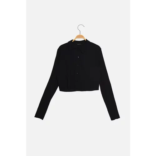 Trendyol Navy Blue Buttoned Polo Neck Crepe Crop Knitted Blouse