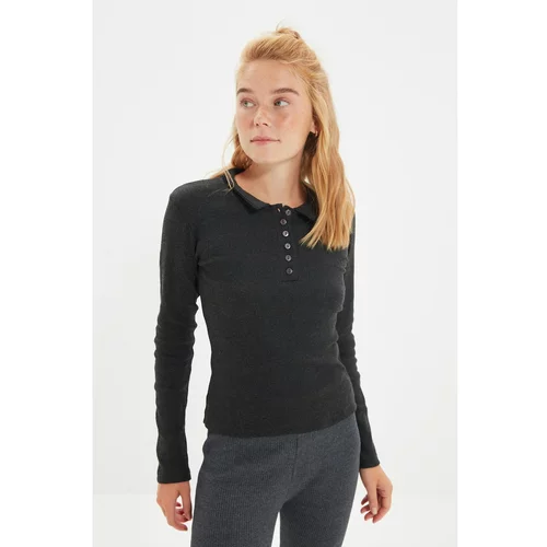 Trendyol Anthracite Polo Neck Corduroy Knitted Blouse