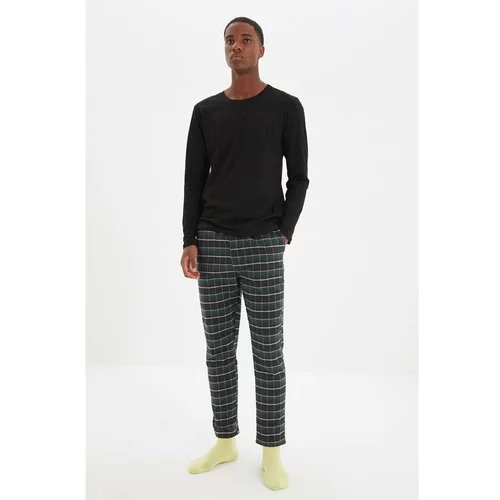 Trendyol Black Men Regular Fit Bottom Plaid Woven Top Knitted Pajamas Set