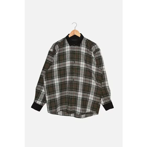 Trendyol Khaki Mens Oversize Velvet Shirt Collar Long Sleeve Lumberjack Plaid Shirt