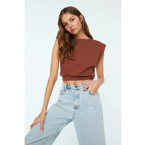 Trendyol Brown Padded Crop Knitted T-Shirt